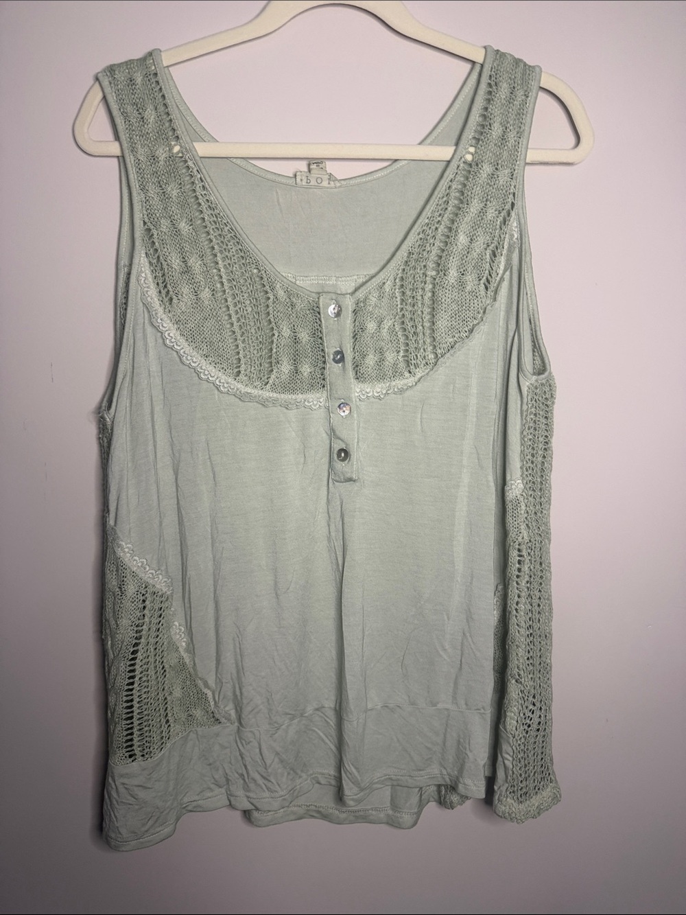 POL Sage Green Crochet-Trim Sleeveless Tank